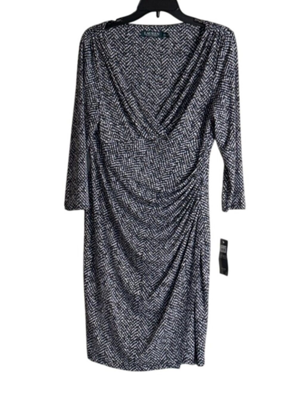 Lauren Ralph Lauren Dress Snake Print  V Neck Ruched Black Gray Size 12P NWT